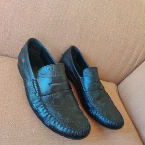 Gucci Guccissima Black Leather Driver Loafer Shoes Size 10 Men's